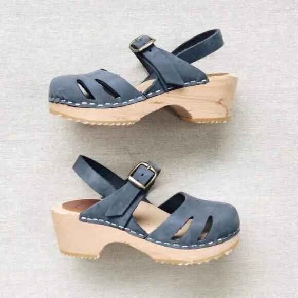Kids Navy Blue Wooden Clog Sandals with Ankle Strap - Picture 1 of 6
